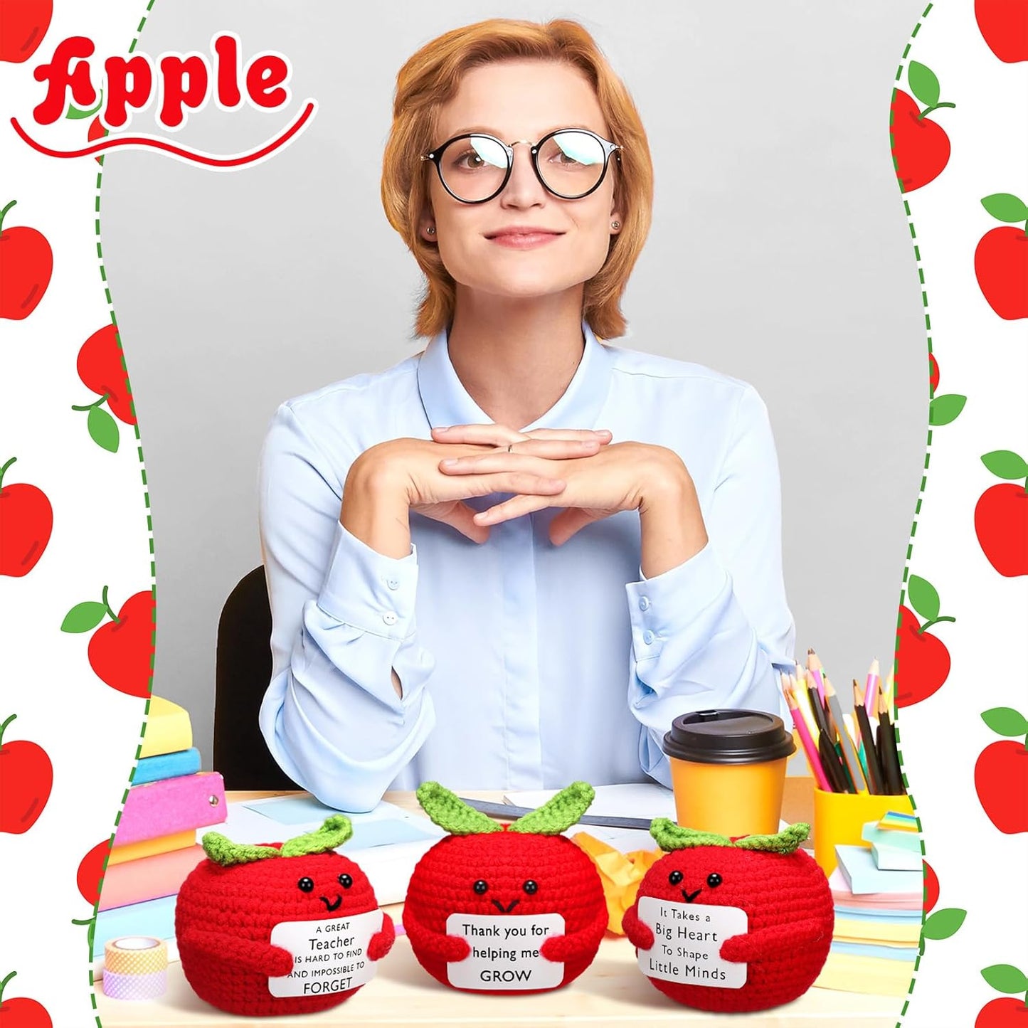 Teacher Appreciation Crochet Apple Gift Set – Handmade “Thank You for Helping Me Grow” (3 Pack)