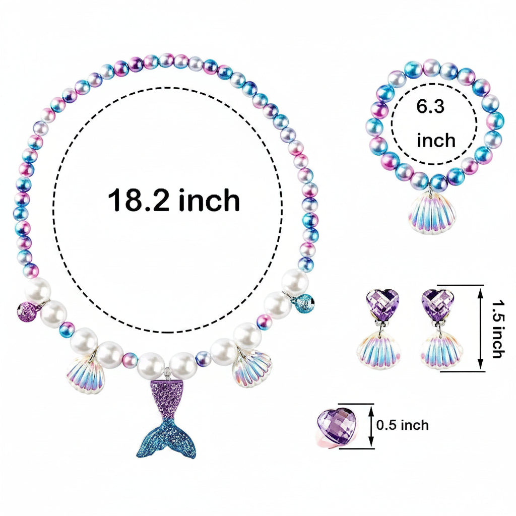 Mermaid Princess Jewellery Set for Kids – Tiara, Necklace, Bracelet, Ring & Earrings Dress-Up Costume Accessories