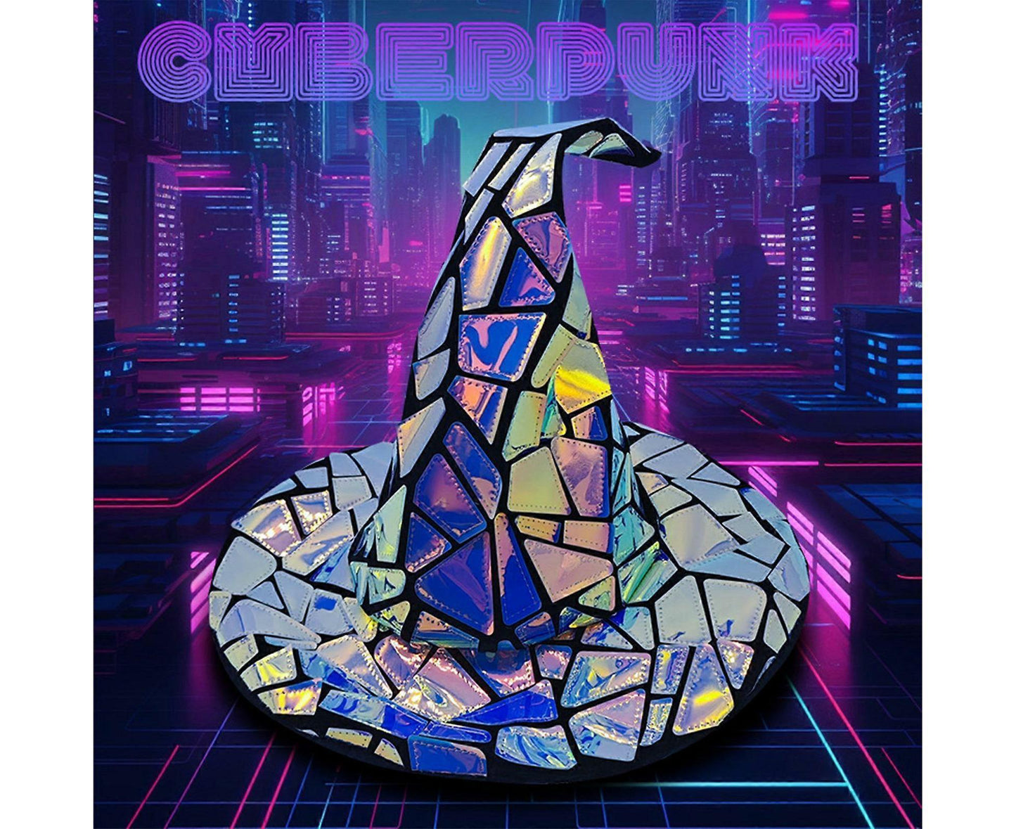 Holographic Witch Hat – Cyberpunk Wizard Hat for Cosplay, Halloween & Fantasy Costume Dress-Up