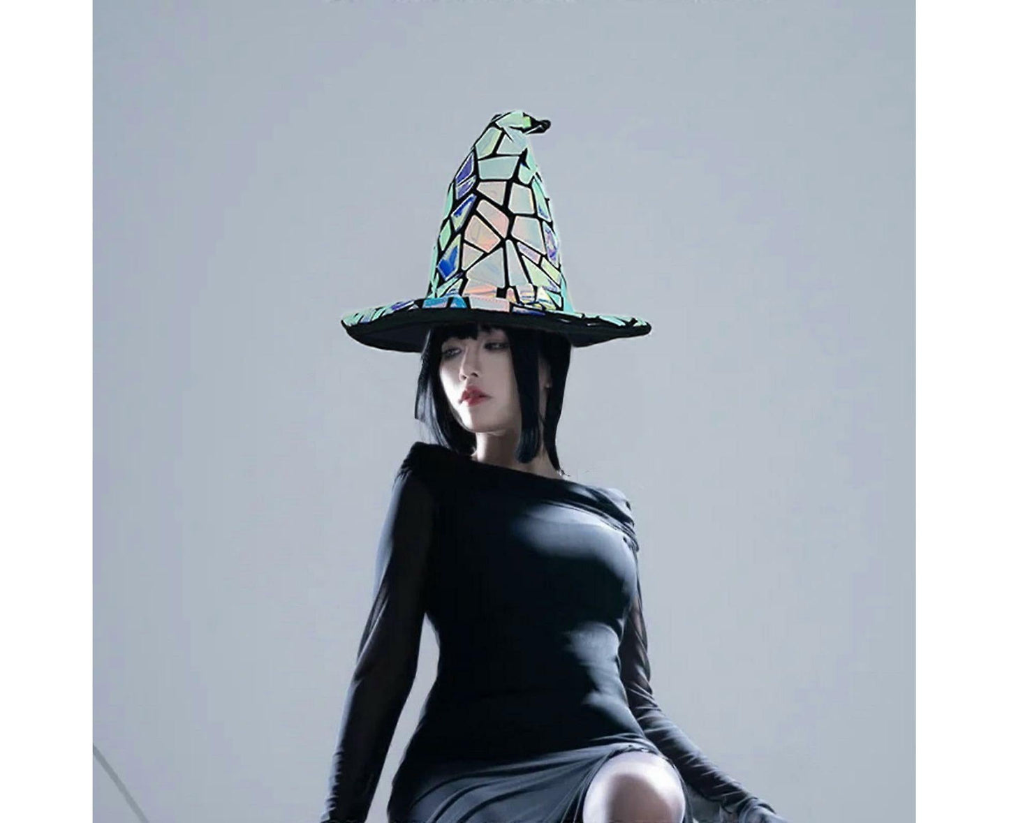Holographic Witch Hat – Cyberpunk Wizard Hat for Cosplay, Halloween & Fantasy Costume Dress-Up