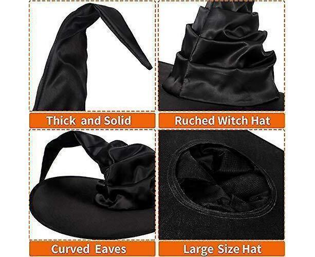 Black Ruched Witch Hat – Large Satin Halloween Wizard Hat for Cosplay, Costume & Party Dress-Up
