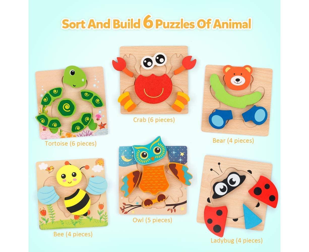 6-Pack Wooden Animal Puzzle Set for Toddlers – Montessori Jigsaw Boards, Fine Motor Skills & Early Learning Toy