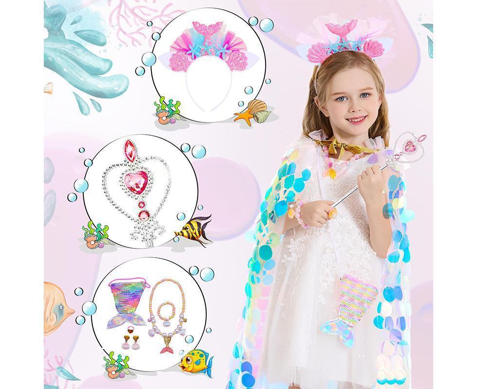 Mermaid Princess Cape & Accessories Set for Kids – 9pc Sequin Dress-Up Costume Kit with Wand, Jewellery & Bag