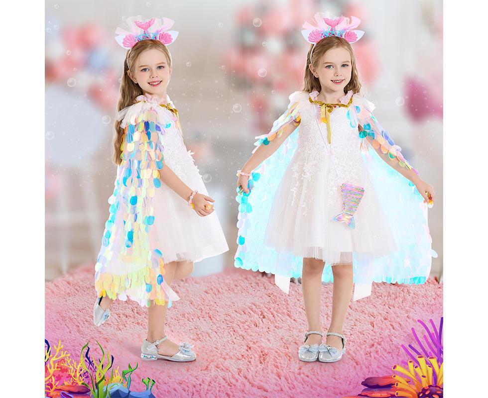Mermaid Princess Cape & Accessories Set for Kids – 9pc Sequin Dress-Up Costume Kit with Wand, Jewellery & Bag