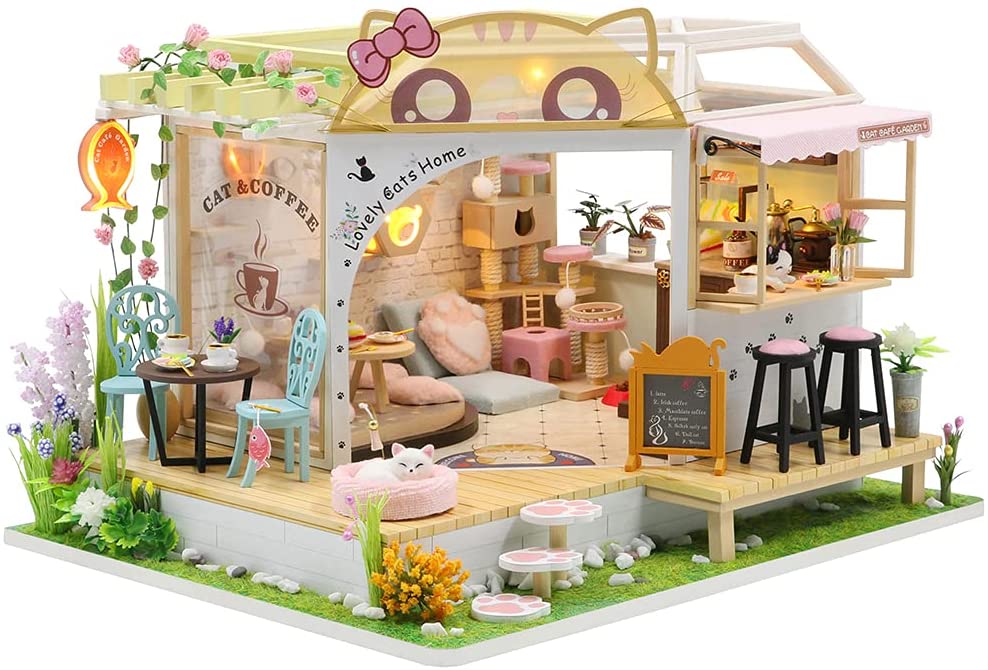 Miniature Dollhouse with Furniture Kit plus Dust Proof and Music Movement - Cat Cafe Garden