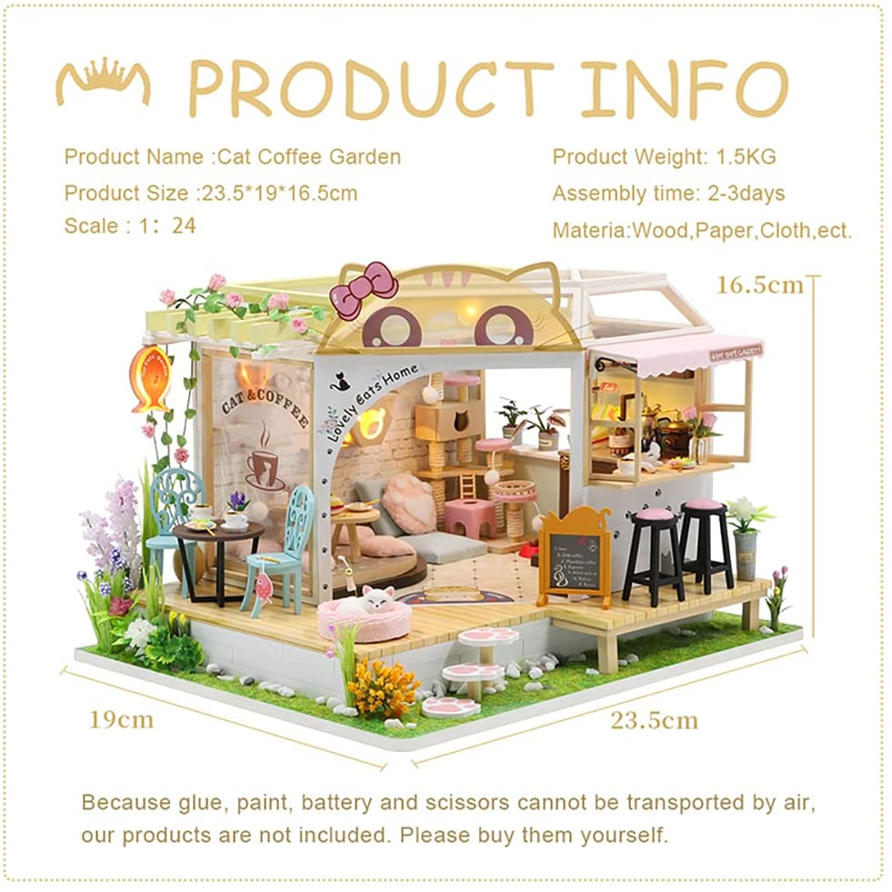 Miniature Dollhouse with Furniture Kit plus Dust Proof and Music Movement - Cat Cafe Garden