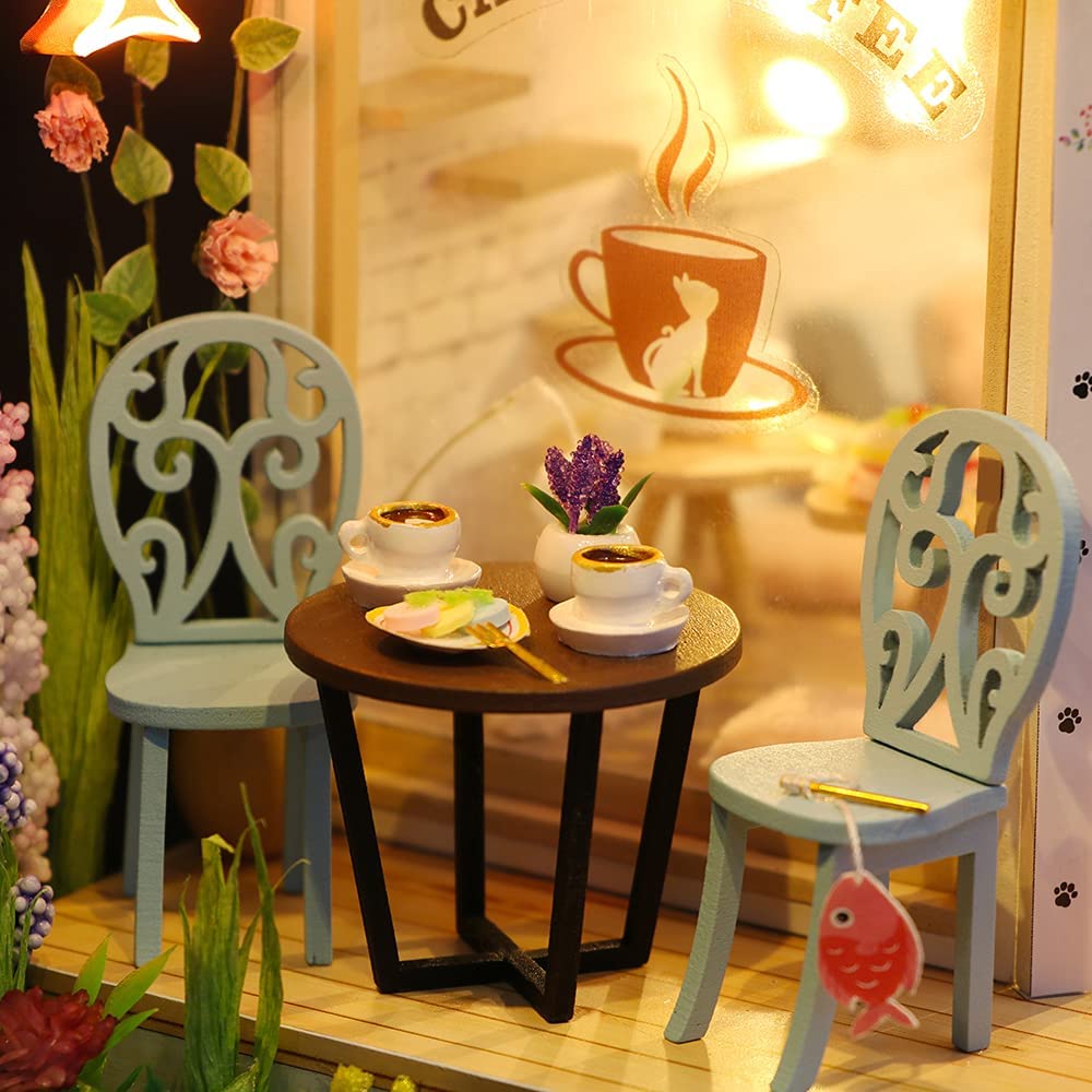 Miniature Dollhouse with Furniture Kit plus Dust Proof and Music Movement - Cat Cafe Garden