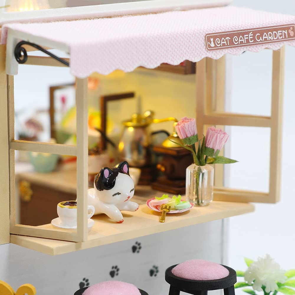 Miniature Dollhouse with Furniture Kit plus Dust Proof and Music Movement - Cat Cafe Garden