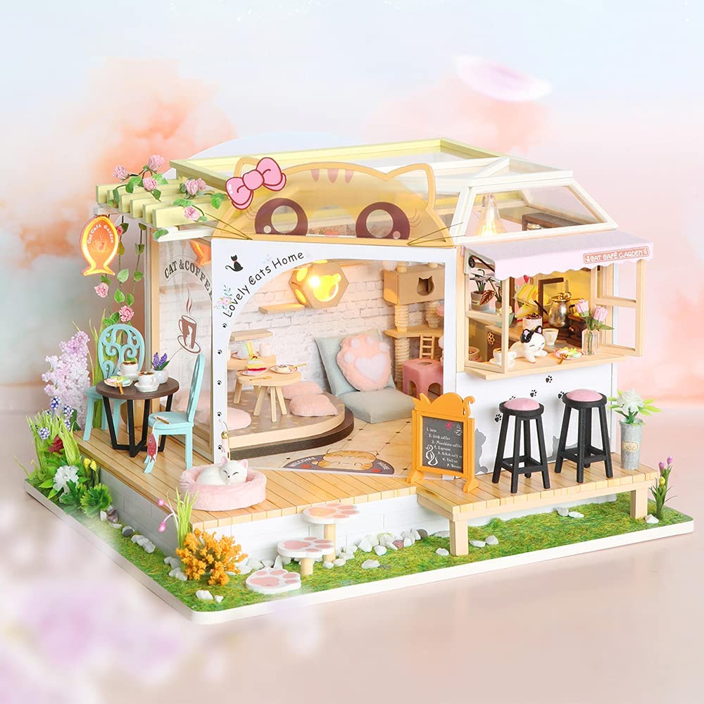 Miniature Dollhouse with Furniture Kit plus Dust Proof and Music Movement - Cat Cafe Garden