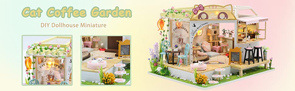 Miniature Dollhouse with Furniture Kit plus Dust Proof and Music Movement - Cat Cafe Garden