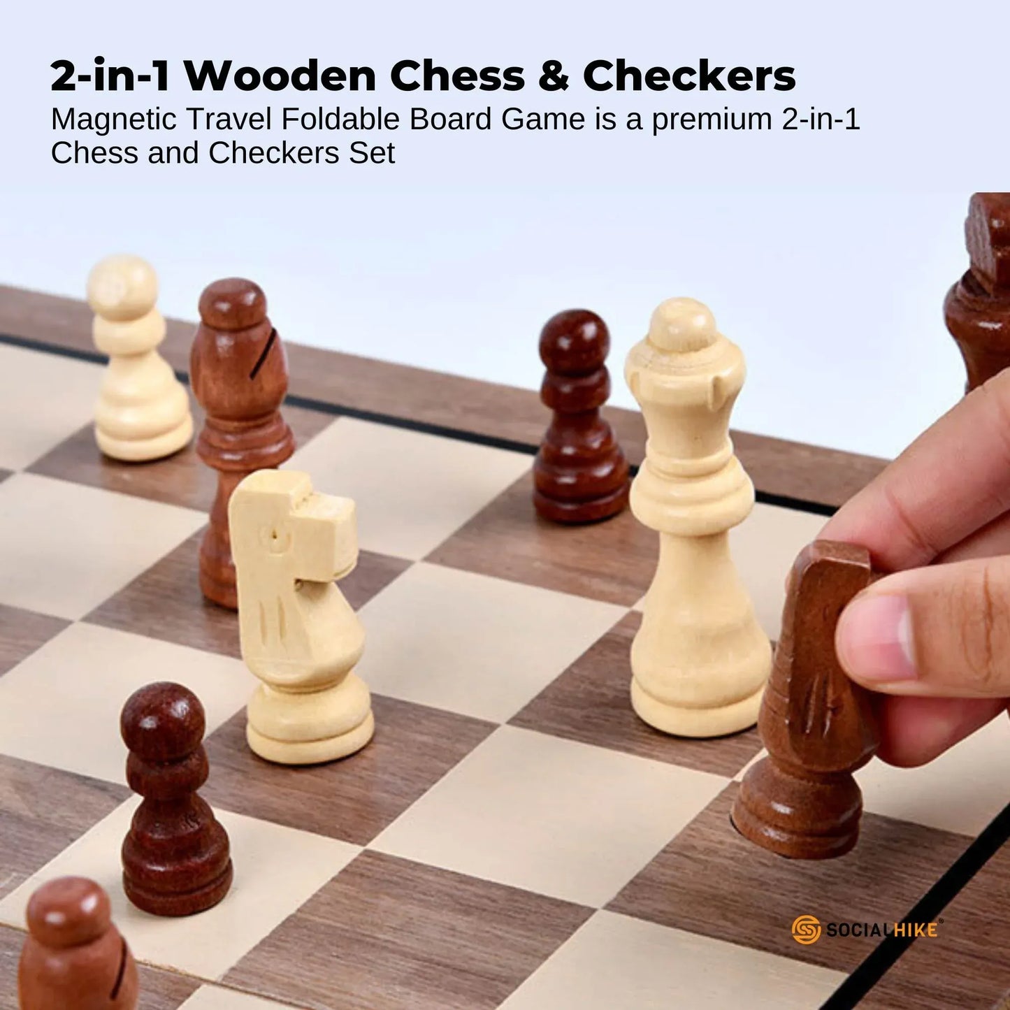 Social Hike 2 in 1 Magnetic Wooden Chess and Checkers Set