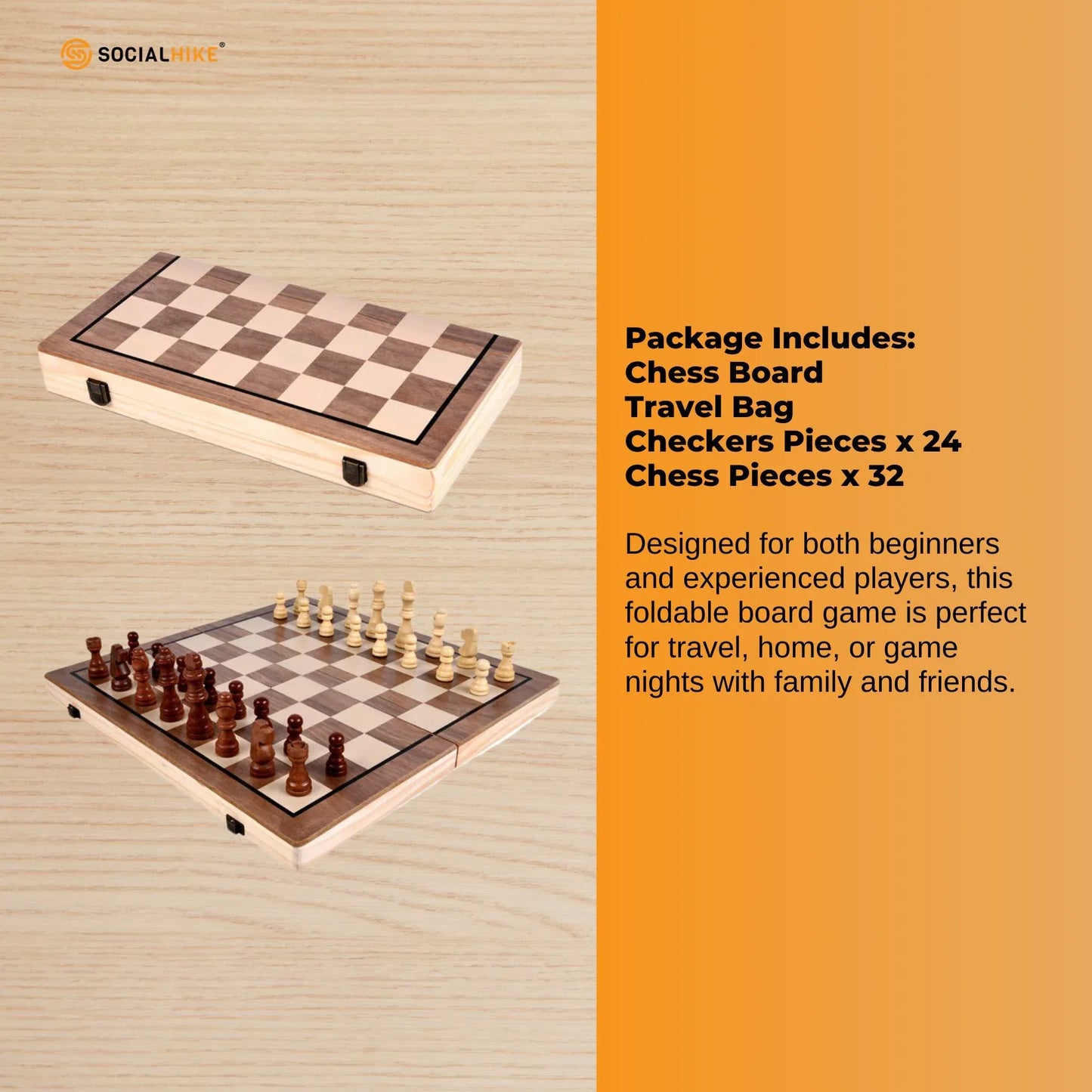 Social Hike 2 in 1 Magnetic Wooden Chess and Checkers Set