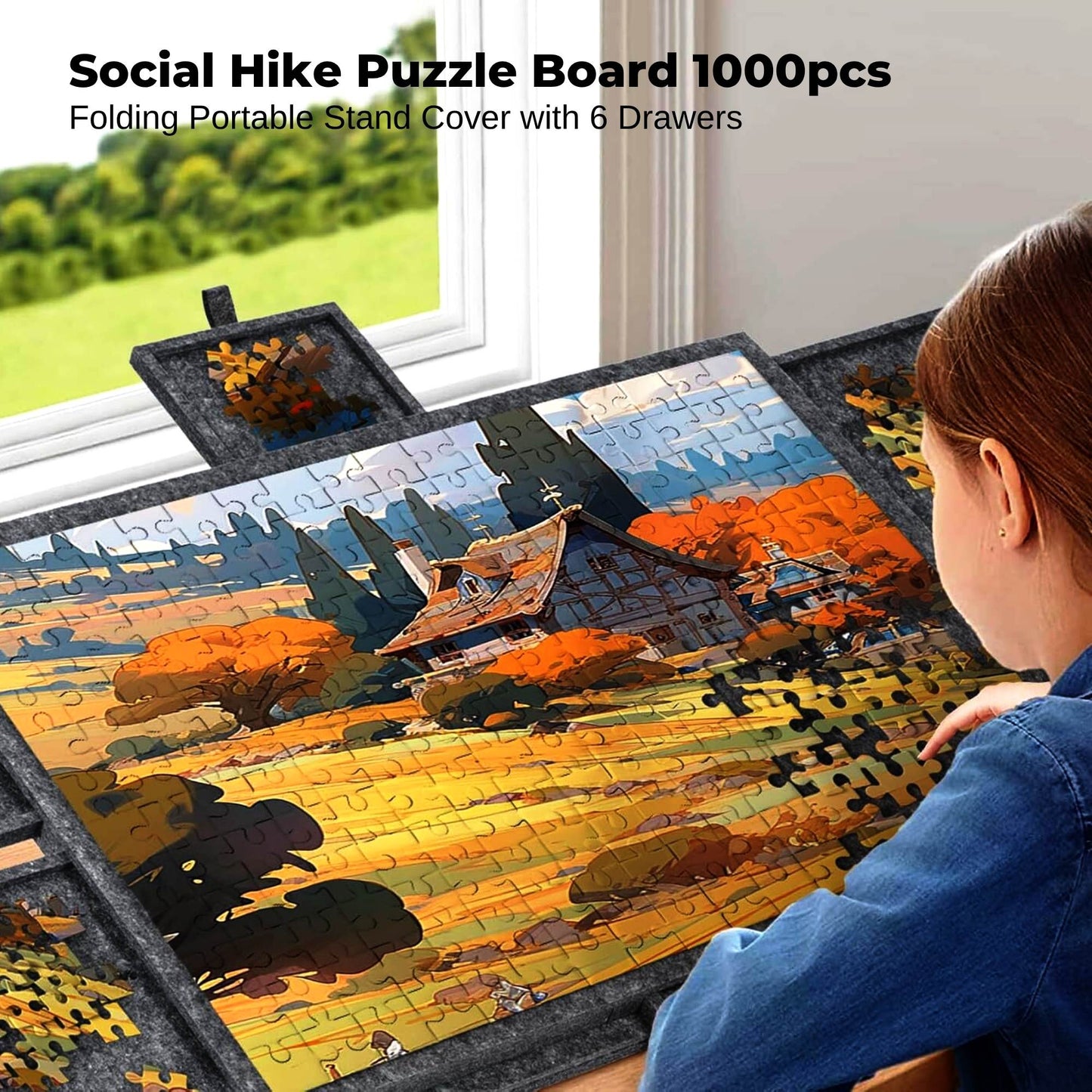 Social Hike 1000 Piece Puzzle Board with Drawers – Adjustable Felt Jigsaw Table with Cover, Portable Tilt Stand & Storage (Grey)