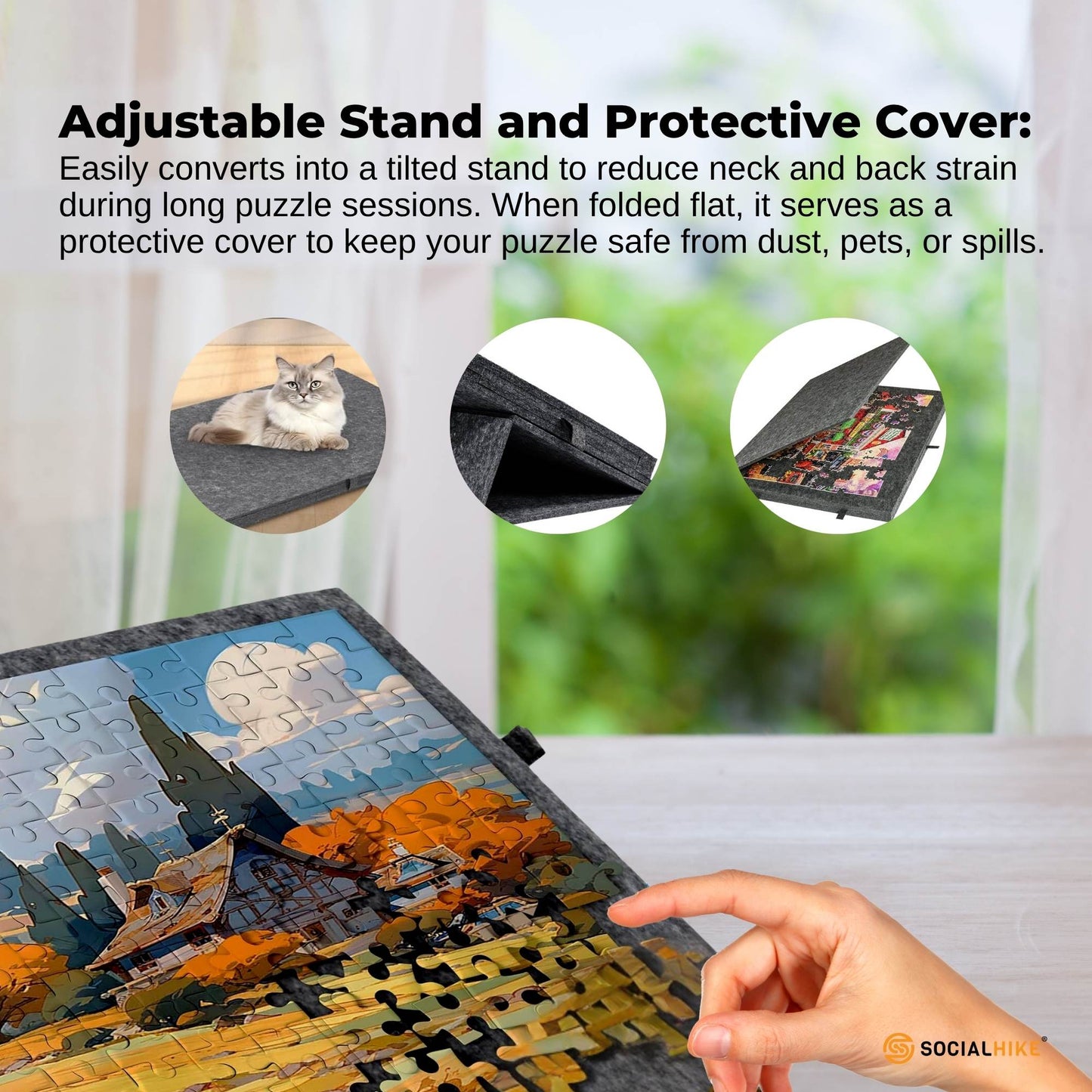 Social Hike 1000 Piece Puzzle Board with Drawers – Adjustable Felt Jigsaw Table with Cover, Portable Tilt Stand & Storage (Grey)