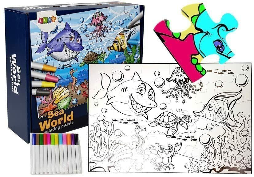 Sea World Painting Puzzle: 24 Piece Jigsaw Puzzle with 12 Coloured Markers