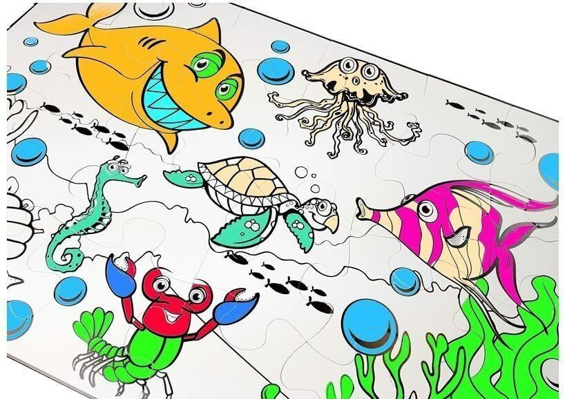 Sea World Painting Puzzle: 24 Piece Jigsaw Puzzle with 12 Coloured Markers