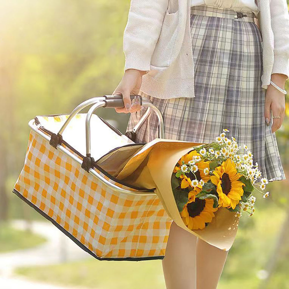 Picnic Basket Portable Collapsible and Insulated - Yellow Grid