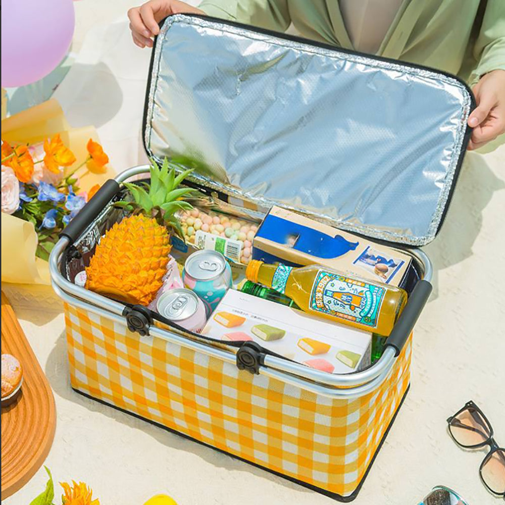 Picnic Basket Portable Collapsible and Insulated - Yellow Grid