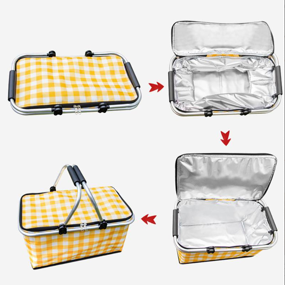 Picnic Basket Portable Collapsible and Insulated - Yellow Grid