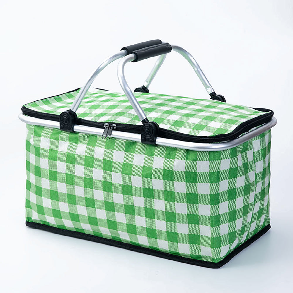 Picnic Basket Portable Collapsible and Insulated - Green Grid