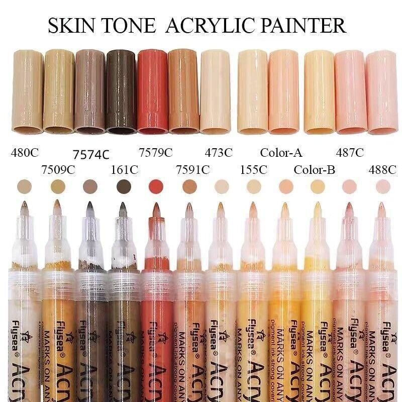 12-Colour Skin Tone Acrylic Paint Marker Set – Fine Tip 0.7mm Art Pens for Detail, Portrait & Creative Expression