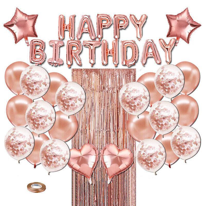 Rose Gold Birthday Decorations Set – Balloon Garland, Confetti Balloons, Foil Curtain & Happy Birthday Banner Kit for Elegant Party Styling