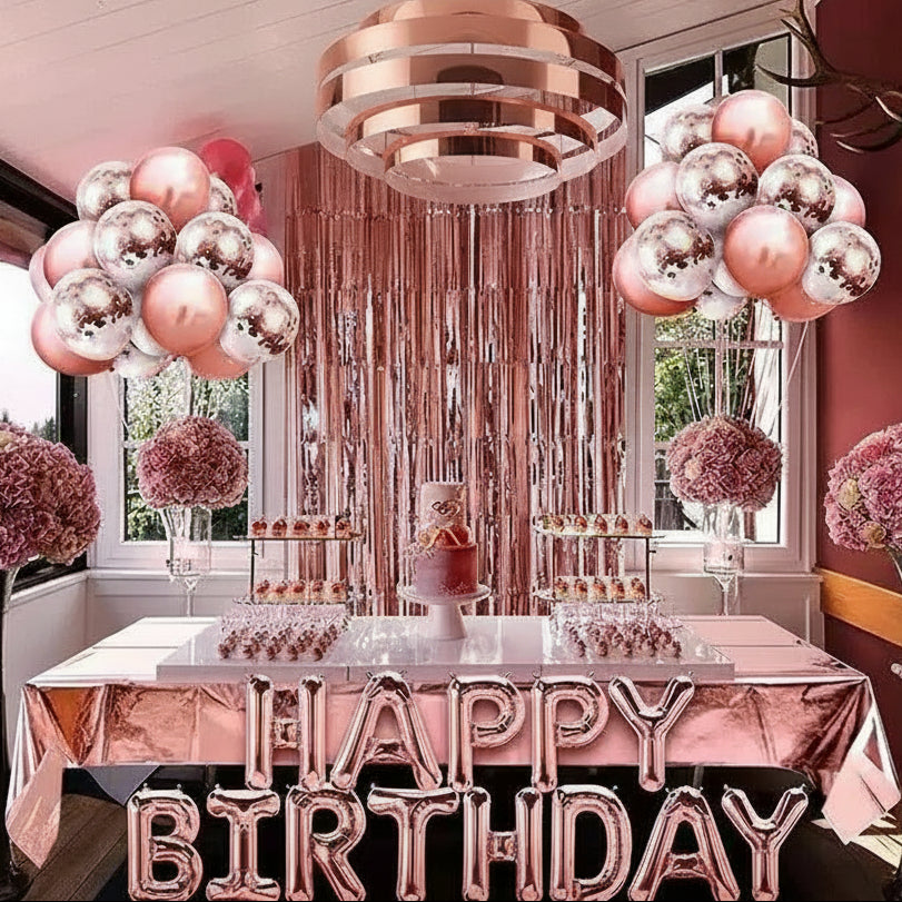 Rose Gold Birthday Decorations Set – Balloon Garland, Confetti Balloons, Foil Curtain & Happy Birthday Banner Kit for Elegant Party Styling