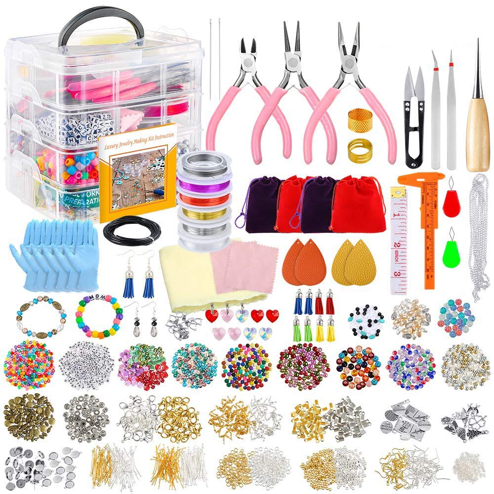 Deluxe 4-Layer 2880 PCS Jewellery Making Kit: Beads, Charms, Findings, Beading Wire for DIY Bracelets, Necklaces, Earrings