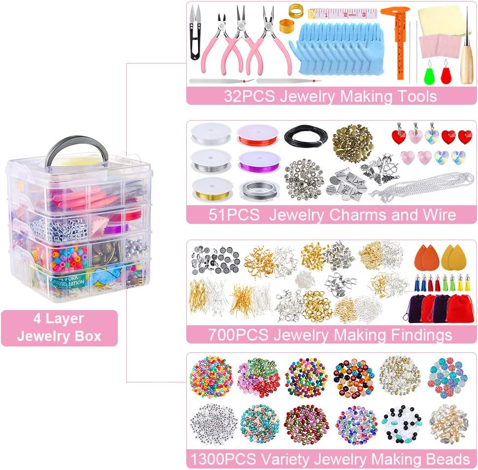 Deluxe 4-Layer 2880 PCS Jewellery Making Kit: Beads, Charms, Findings, Beading Wire for DIY Bracelets, Necklaces, Earrings