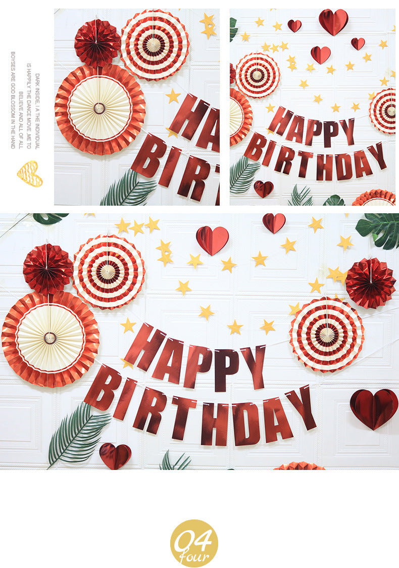 Red & Gold Birthday Decorations Set – Happy Birthday Banner, Paper Fans, Heart & Star Garland Party Kit