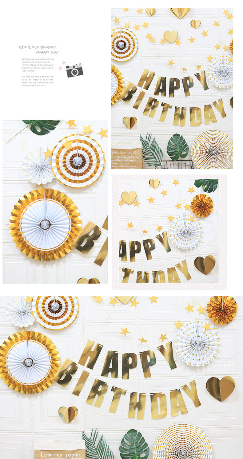 Gold Birthday Decorations Set – Happy Birthday Banner, Paper Fans, Heart & Star Garland Party Kit