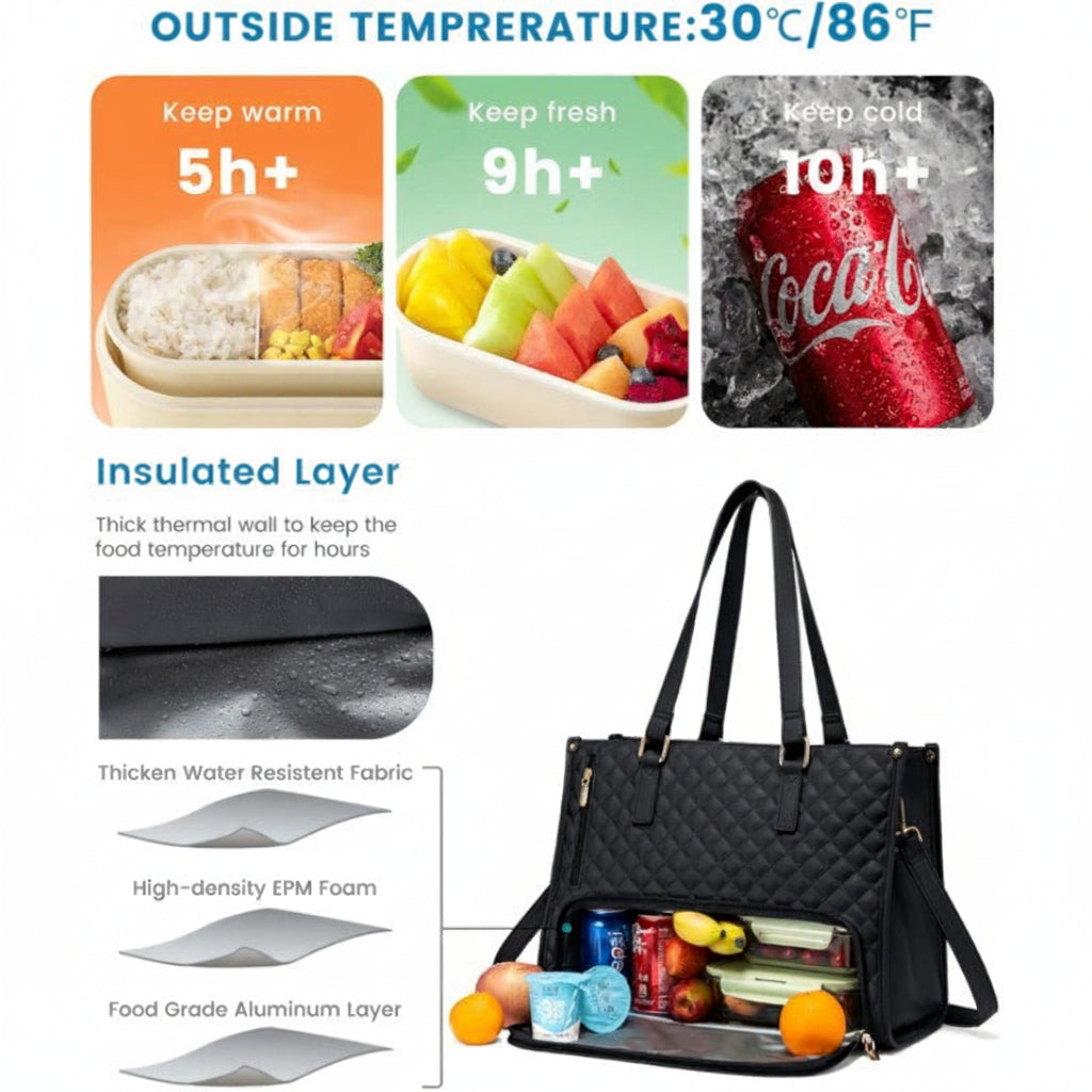 Quilted Laptop & Lunch Tote Bag with Insulated Compartment & Clutch – Fits 15.6" Laptop, Water-Resistant Work & Travel Bag (Sable Black)