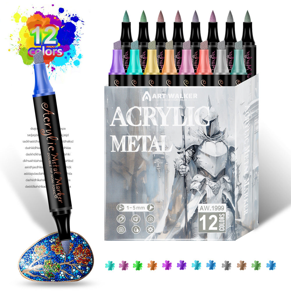 Dual-Tip Metallic Acrylic Paint Pens - 12 Fine Point & Chisel Tip Markers