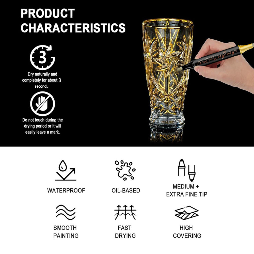 Dual-Tip Metallic Acrylic Paint Pens - 12 Fine Point & Chisel Tip Markers