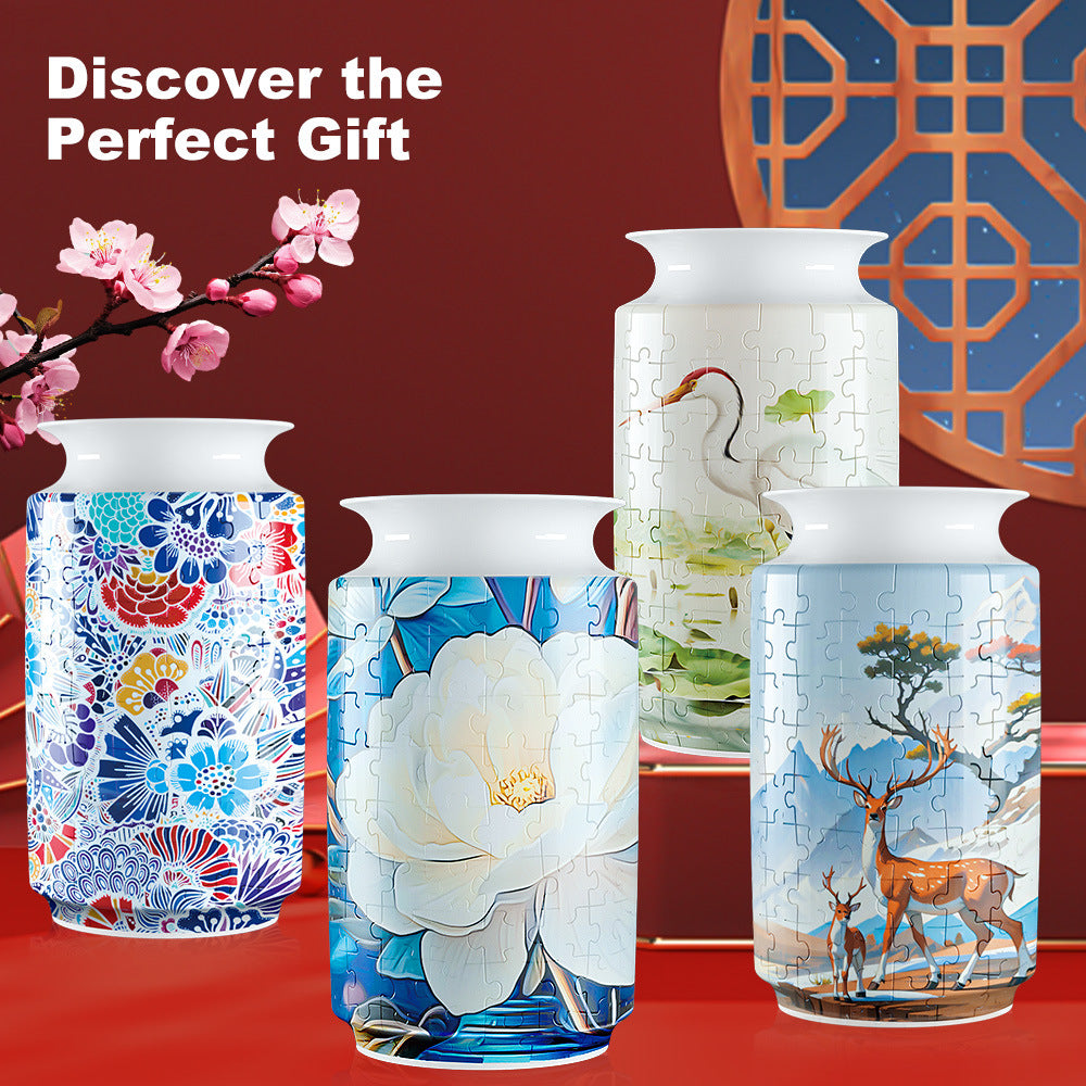 White Flower DIY 3D Puzzle Vase – Creative Jigsaw Flower Holder with Waterproof Liner