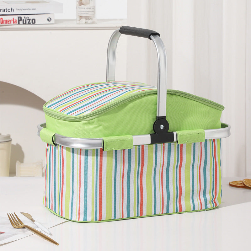 Green Stripe Large Insulated Picnic Basket – Foldable 27L Cooler with Aluminium Handles