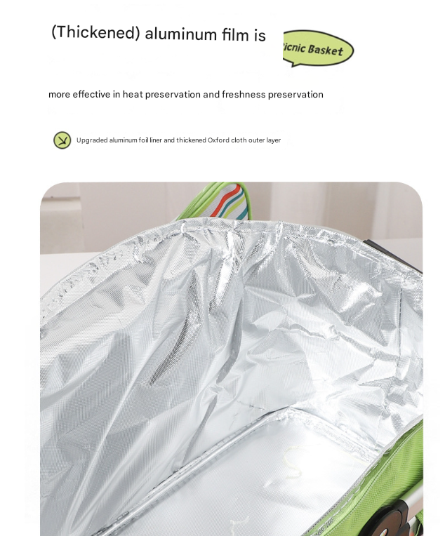 Green Stripe Large Insulated Picnic Basket – Foldable 27L Cooler with Aluminium Handles