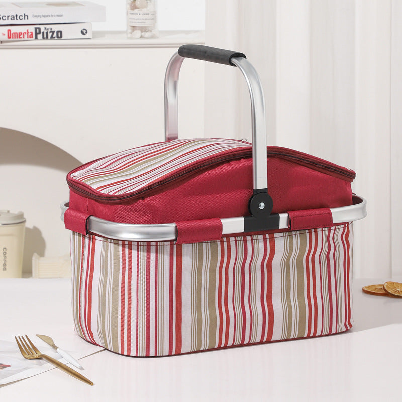 Red Stripe Large Insulated Picnic Basket – Foldable 27L Cooler with Aluminium Handles