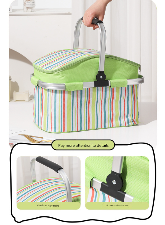 Red Stripe Large Insulated Picnic Basket – Foldable 27L Cooler with Aluminium Handles