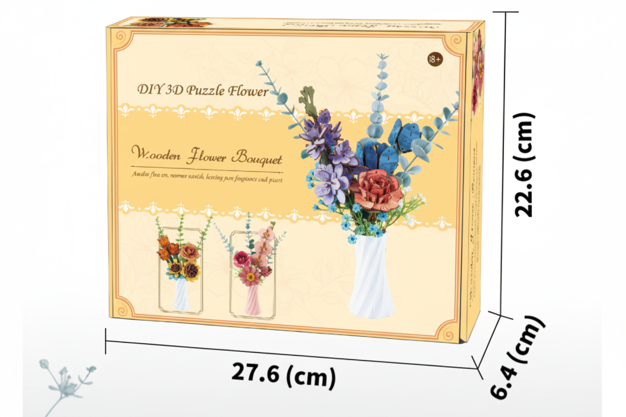 Pink DIY 3D Wooden Flower Bouquet Puzzle Set with Vase – Creative Craft Kit for Kids & Adults