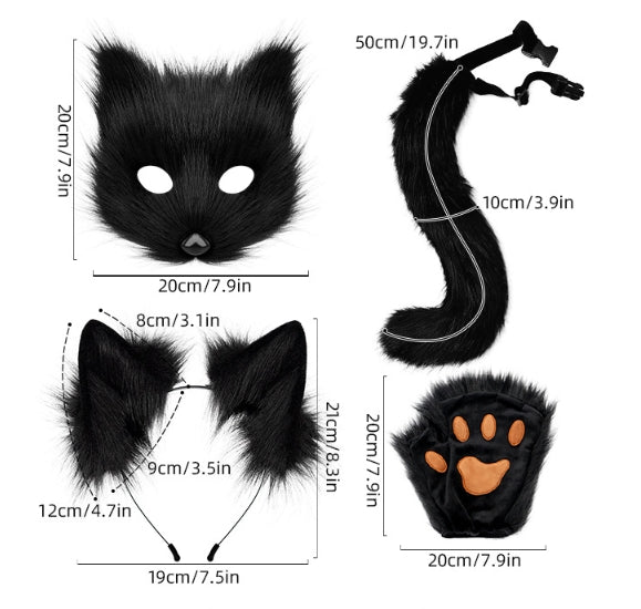 Reddish-Brown Fox Costume Set 4-Piece – Furry Mask, Ears, Tail & Paws Cosplay Kit