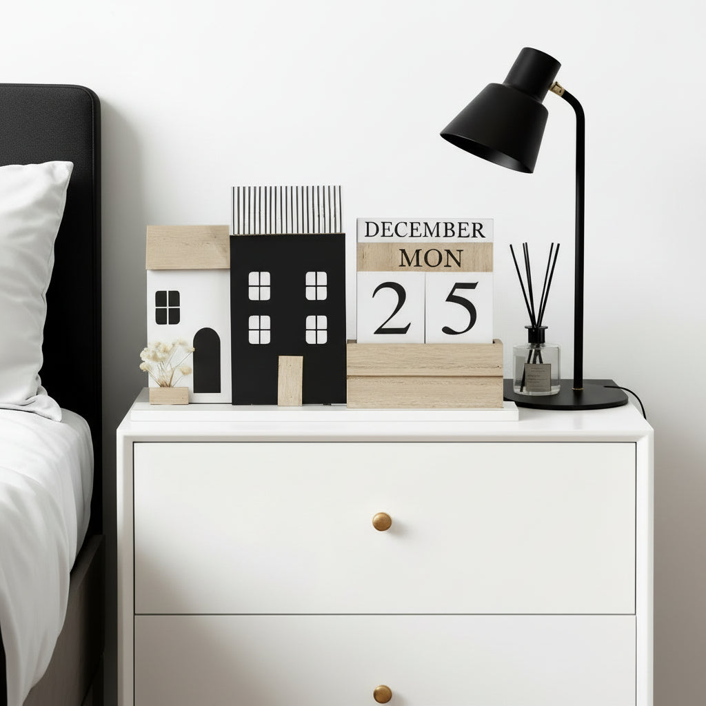 Wooden Perpetual Desk Calendar with Vintage House Decor – Reusable Block Calendar for Home & Office