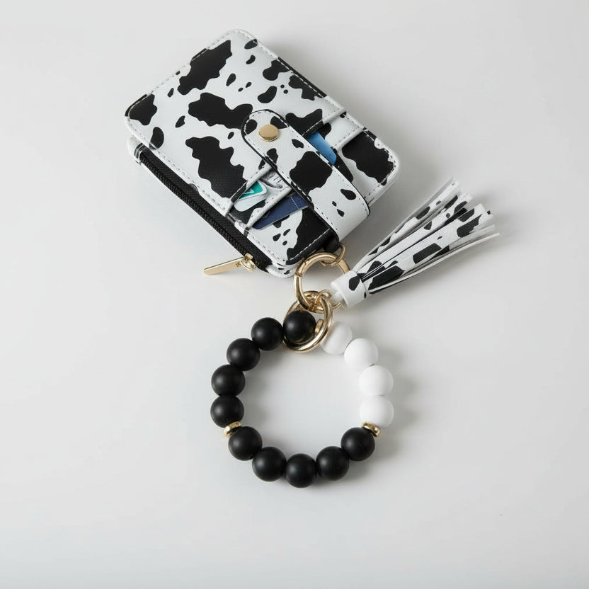 Black & White Wristlet Keychain Wallet – Silicone Beaded Bracelet with Card Holder, Tassel & Hands-Free Keyring for Women