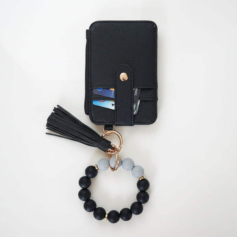 Black Wristlet Keychain Wallet – Silicone Beaded Bracelet with Card Holder, Tassel & Hands-Free Keyring for Women