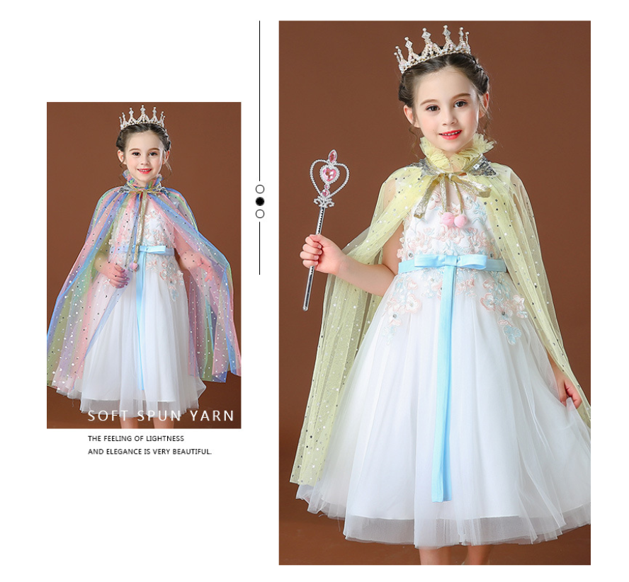 Rainbow Princess Cape Set for Kids – Pink Star Tulle Cloak with Tiara, Wand, Gloves & Jewellery Costume