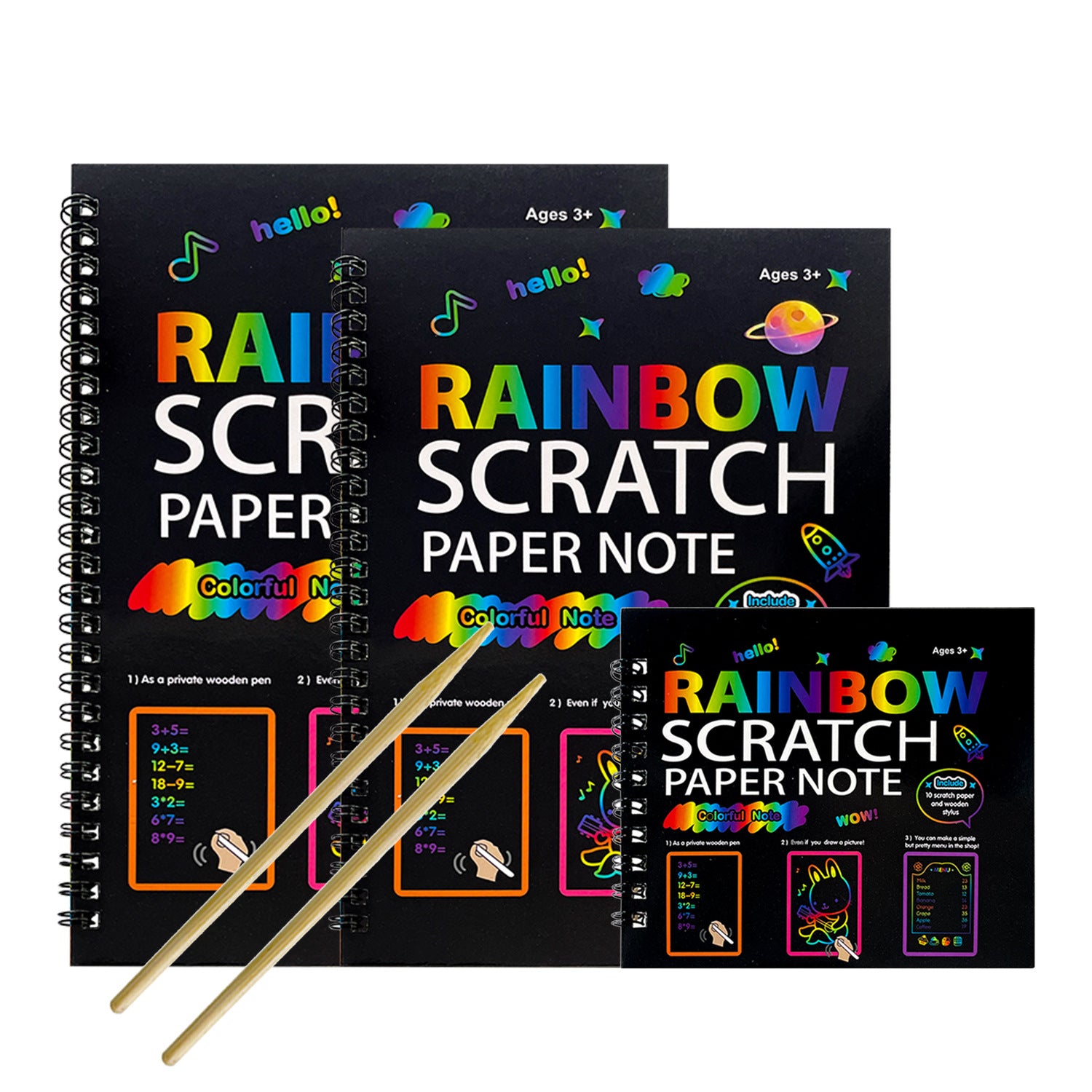 Rainbow Scratch Paper Note Set – 3-Pack Multi-Size DIY Art Paper Magic Drawing Books