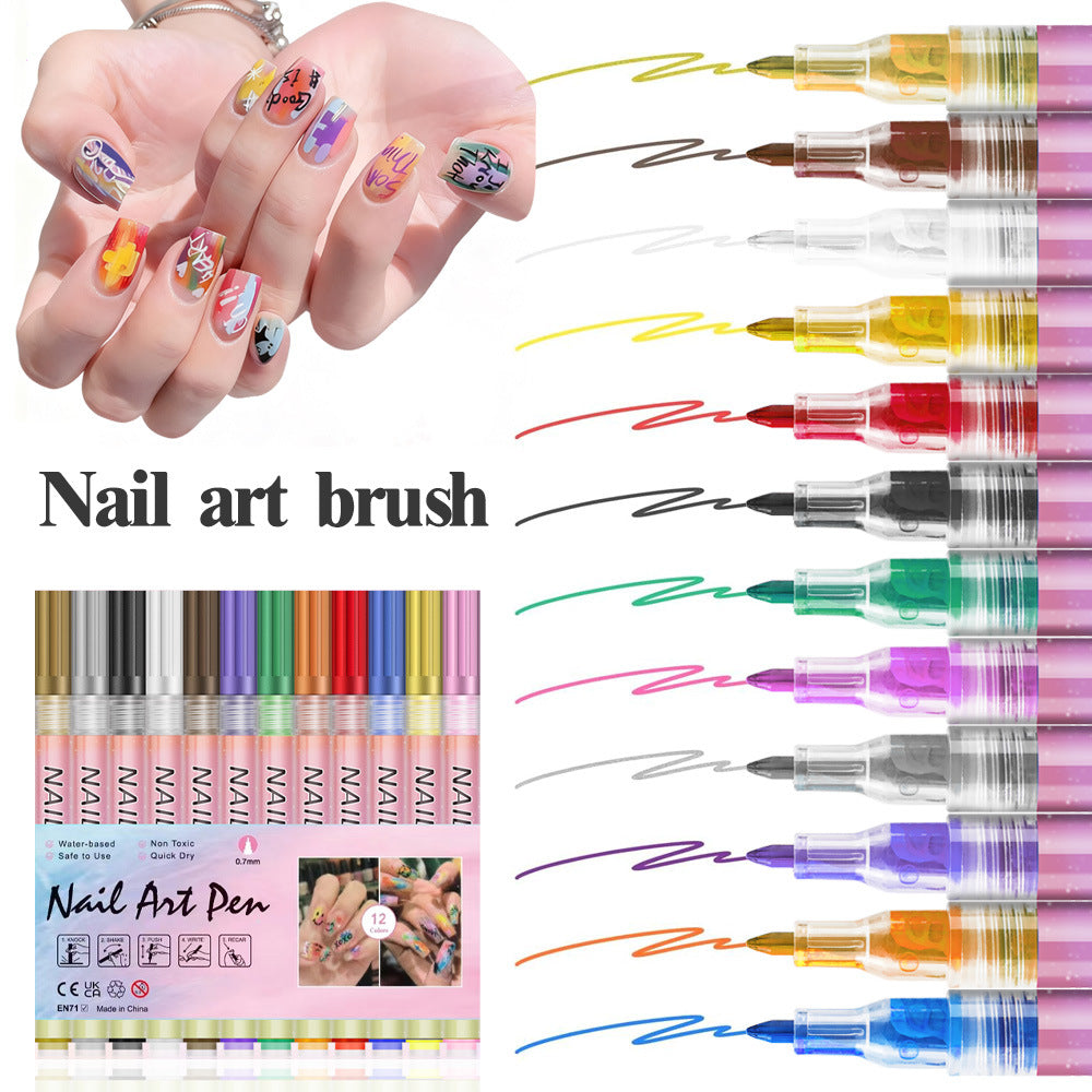 12-Colour Nail Art Marker Pen Set – 0.7mm Fine Tip Acrylic Paint Pens for DIY Nail Designs & Creative Expression