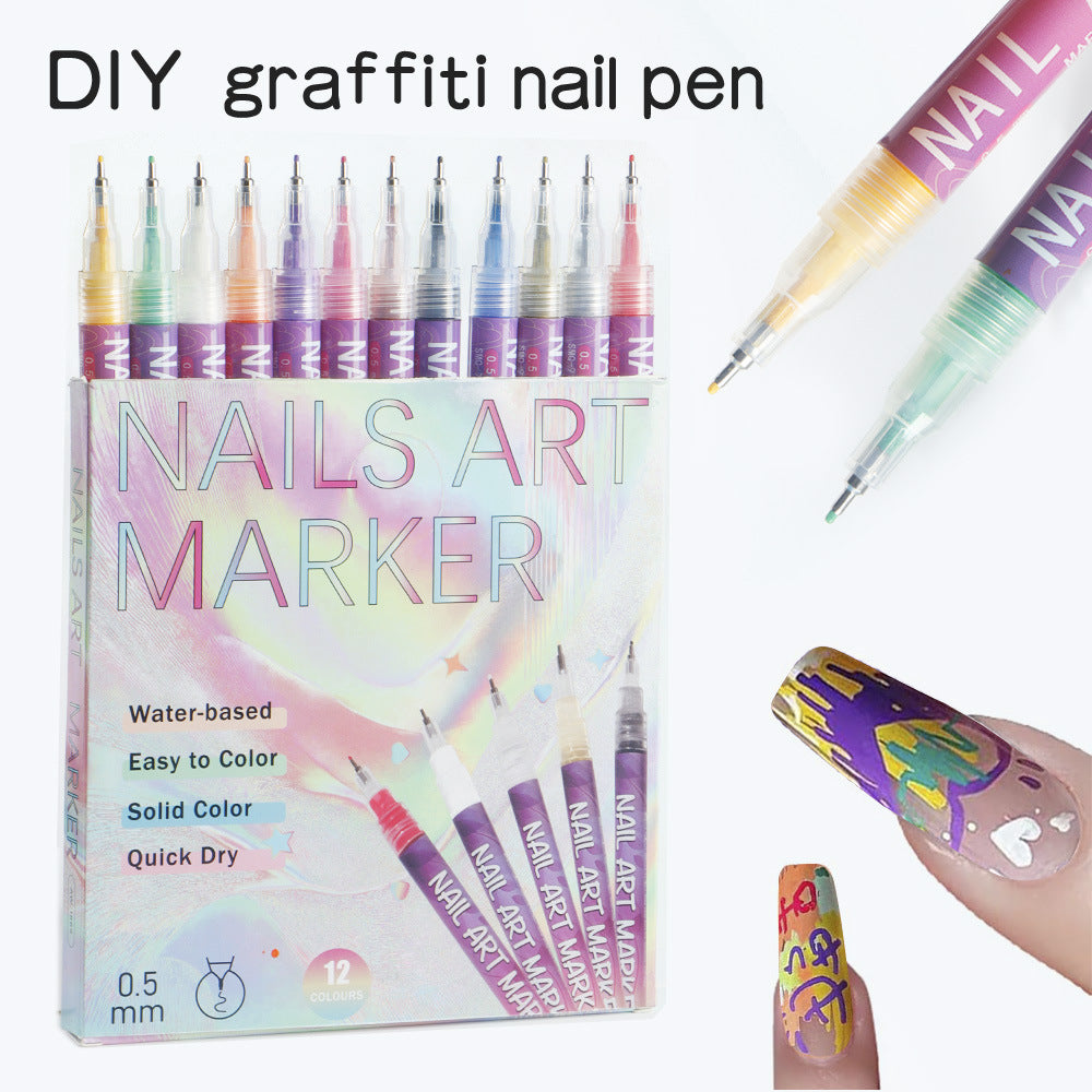 12-Colour Nail Art Marker Pen Set – 0.5mm Fine Tip Acrylic Paint Pens for DIY Manicure, Graffiti Nail Designs & Creative Expression