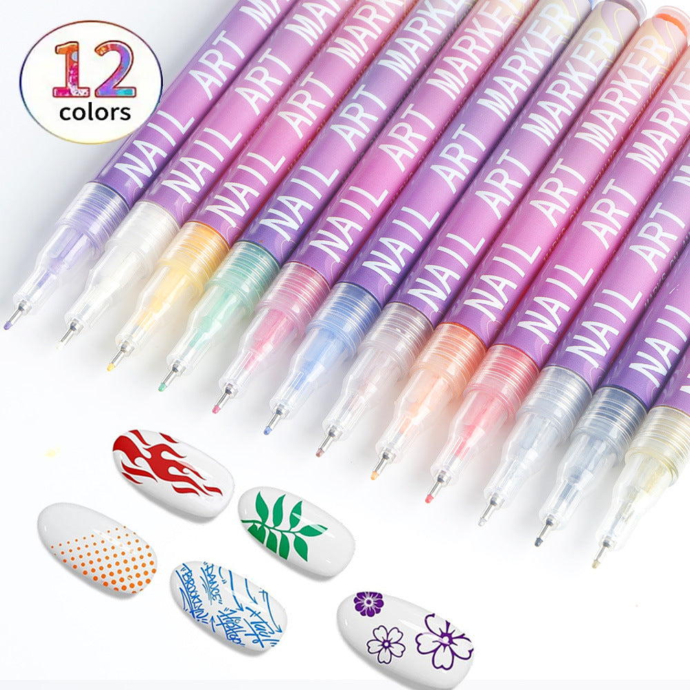12-Colour Nail Art Marker Pen Set – 0.5mm Fine Tip Acrylic Paint Pens for DIY Manicure, Graffiti Nail Designs & Creative Expression