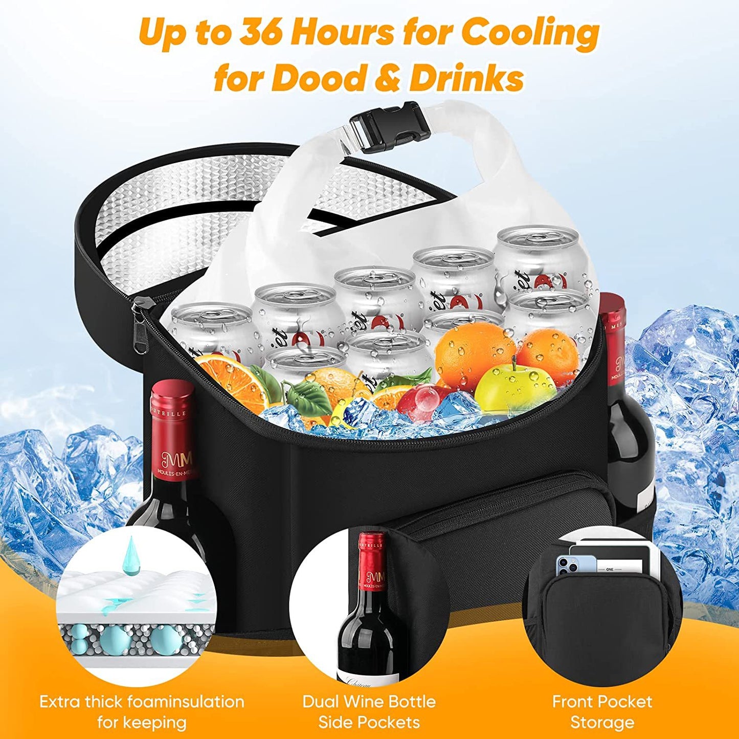 45-Can Large Insulated Cooler Backpack – Waterproof Oxford Cooler Bag with 36-Hour Cooling (Black)